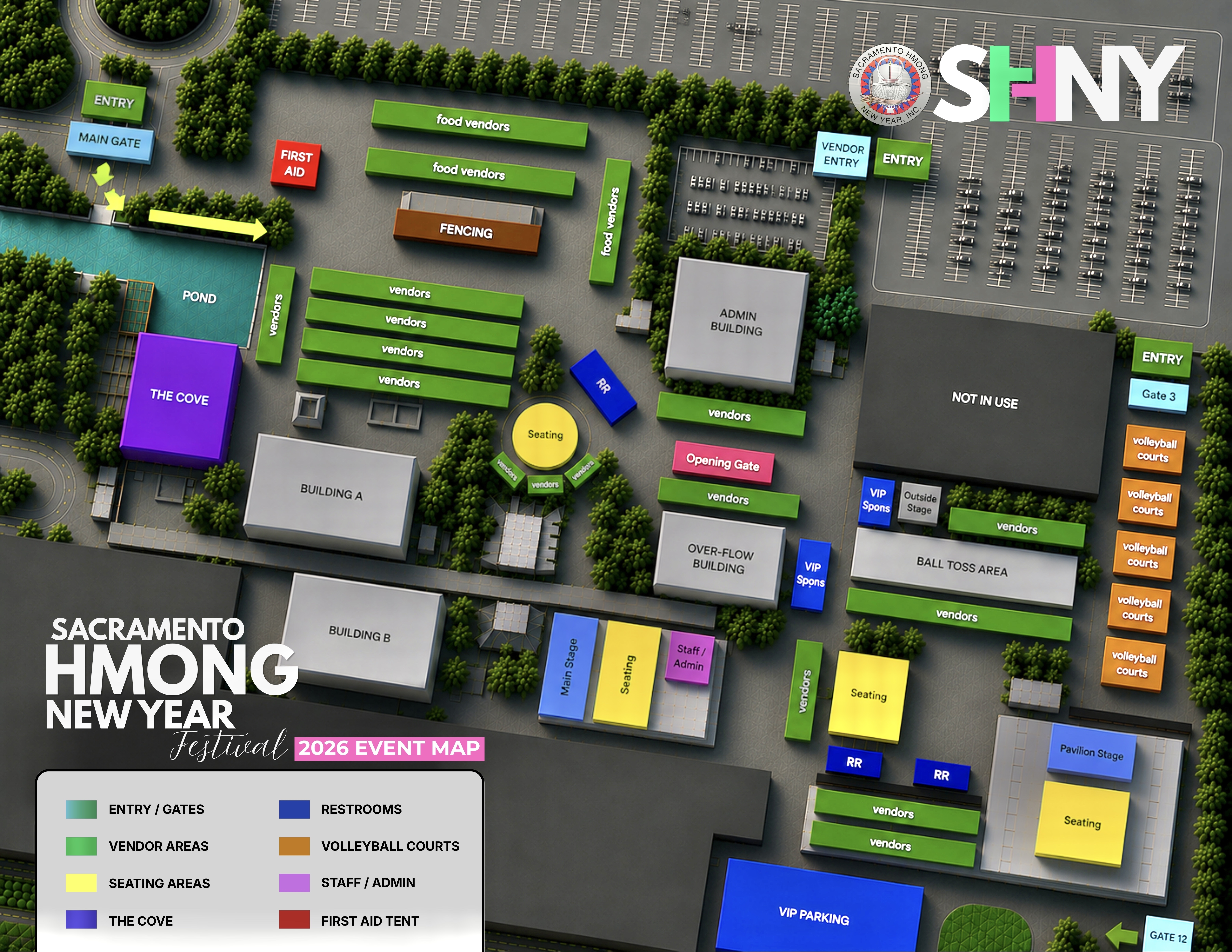 Sacramento Hmong New Year 2026 festival event map showing entries, gates, vendor areas, seating, stages, volleyball courts, restrooms, and parking